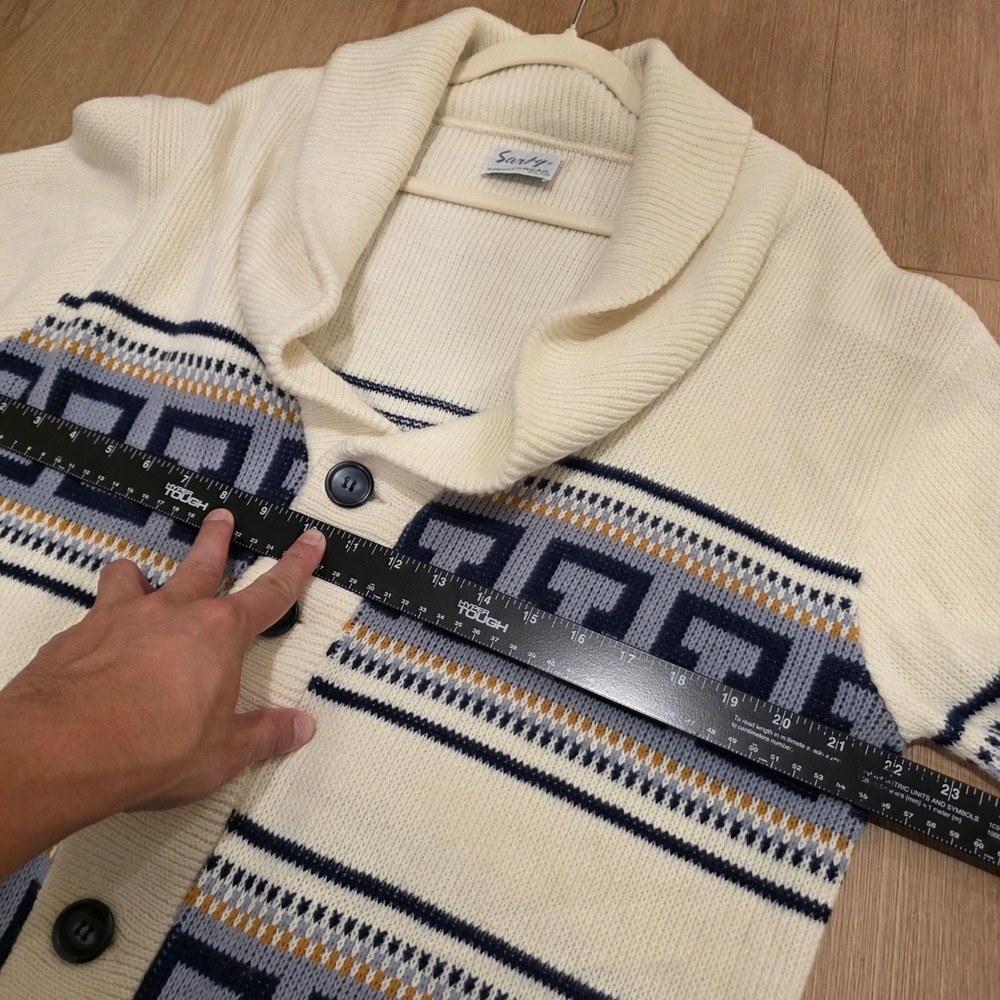 Vintage Sarby Sportswear Greek Key Shawl Collar Cardigan Mens L Cream Blue Heavy - Picture 9 of 11